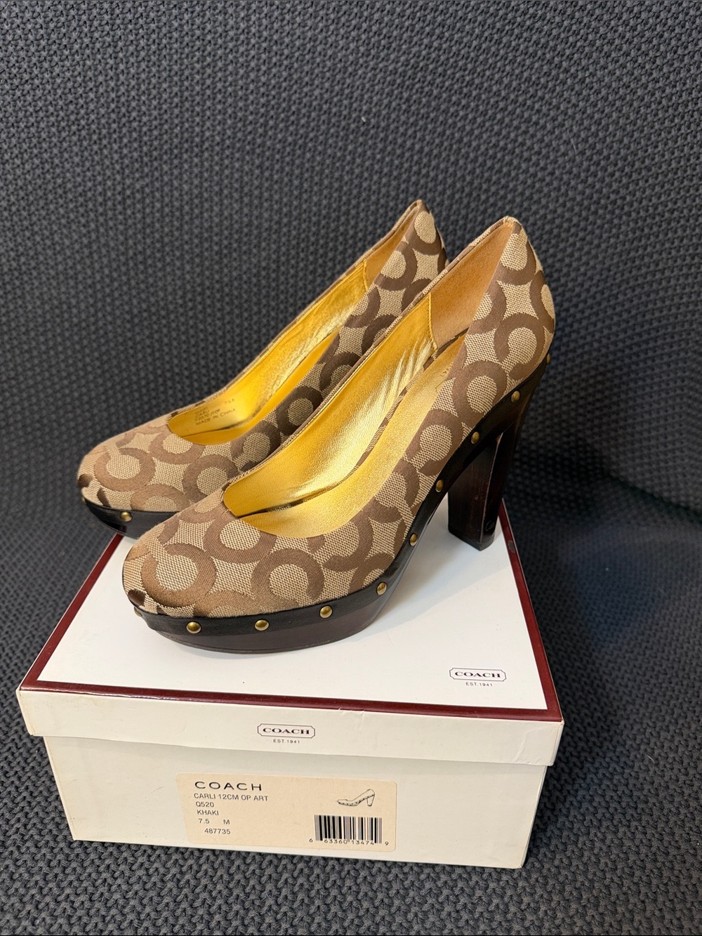 Coach Tan/Brown Signature Canvas Studded Platform Pumps -425